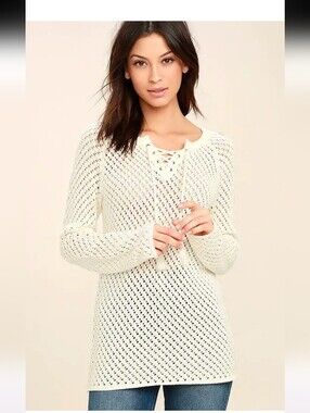 Olive & Oak Louisa Cream Crochet Lace-Up Sweater